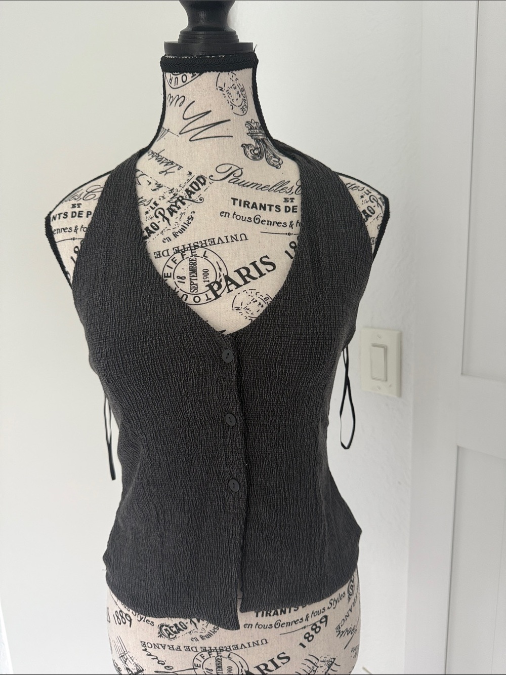 Black Textured Button-Front Halter Top